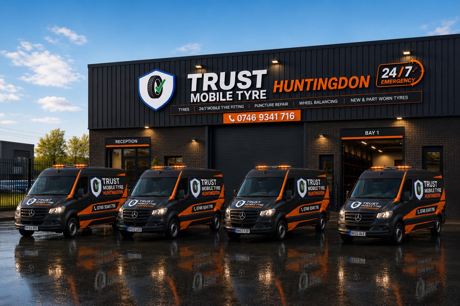 Trust Autos mobile tyre fleet outside the Huntingdon depot