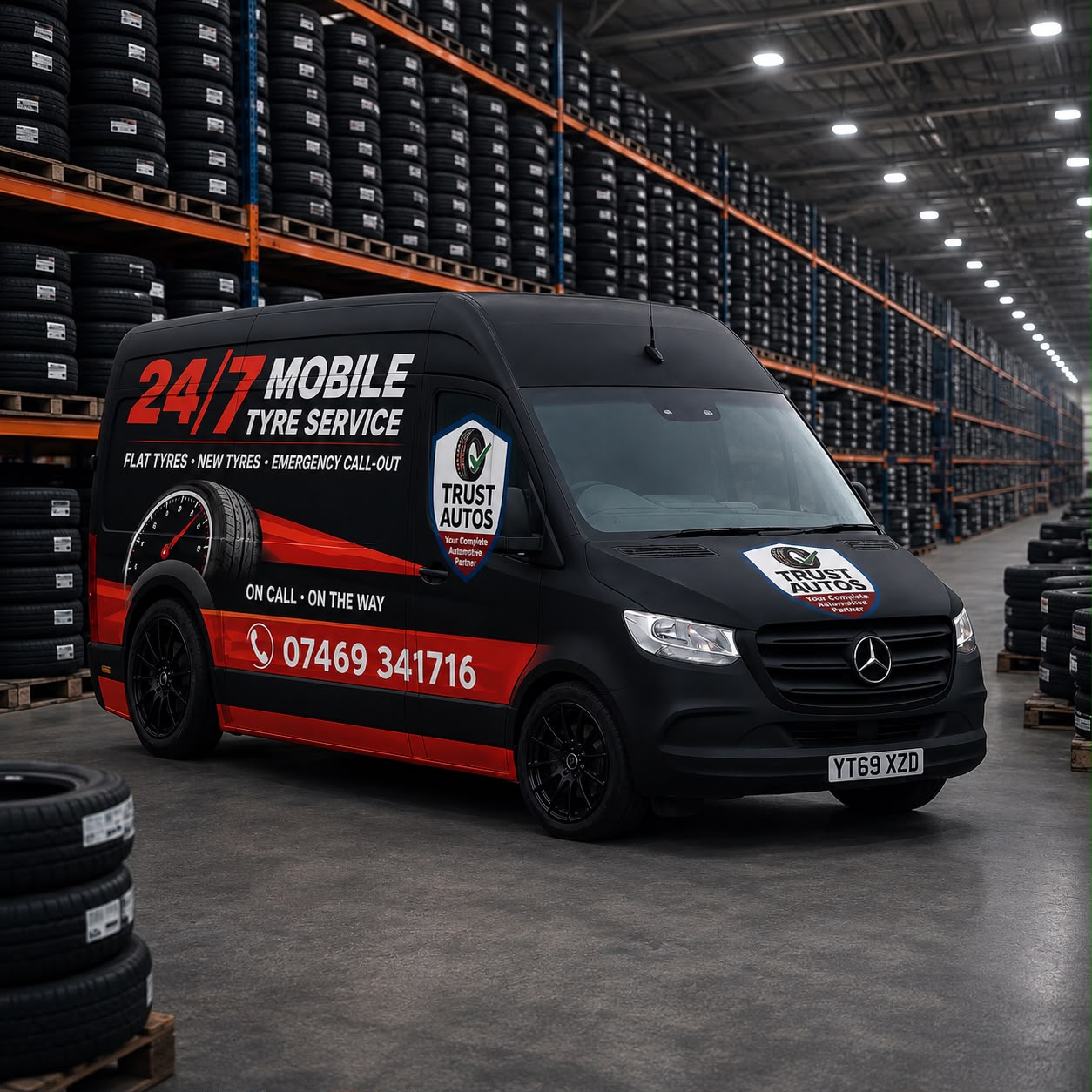 Trust Autos 24/7 mobile tyre service van fully stocked with tyres